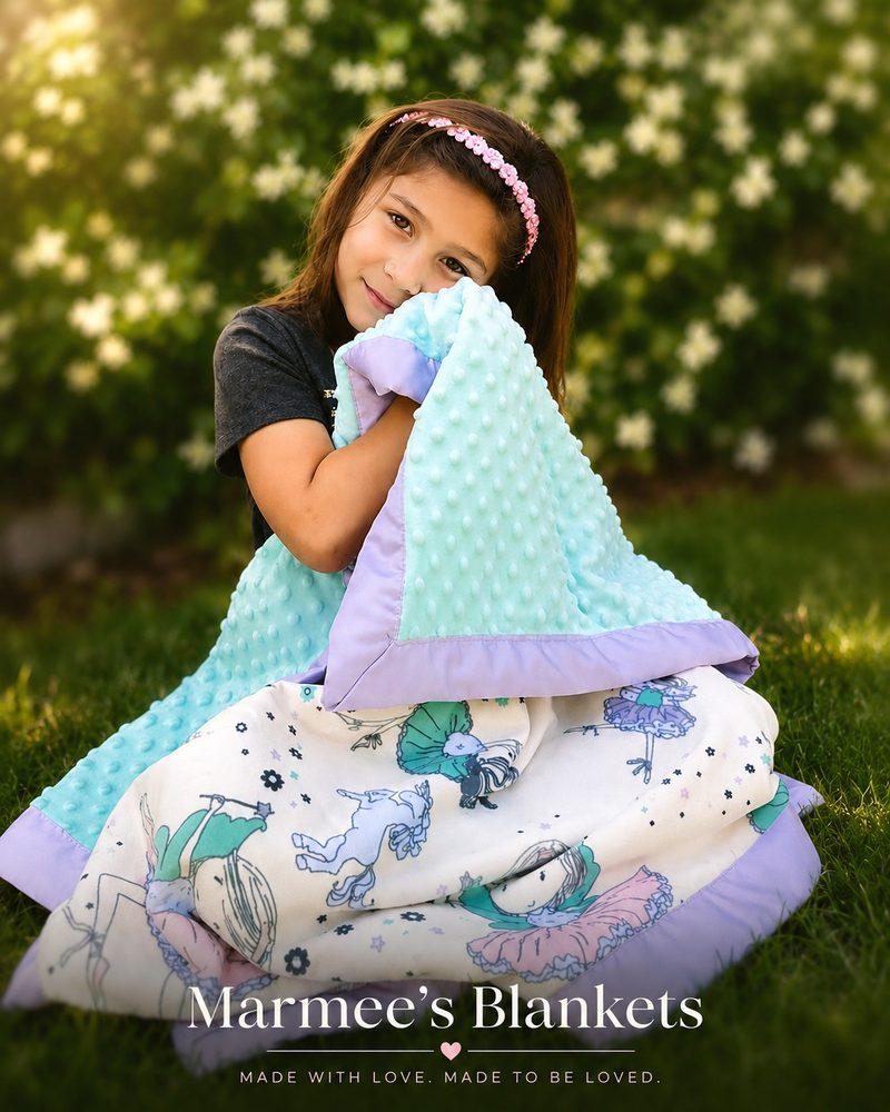 A girl hugging a handmade mint and lavender minky blanket outdoors